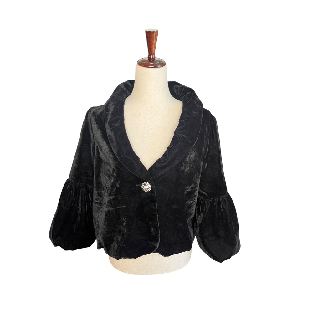 Worthington Black Velvet Cropped Jacket Rhinestone Button‎ M Glam Goth Steampunk